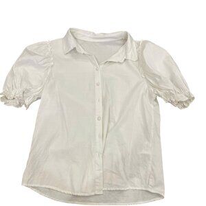 White Short Sleeve Puff Blouse with Button Front